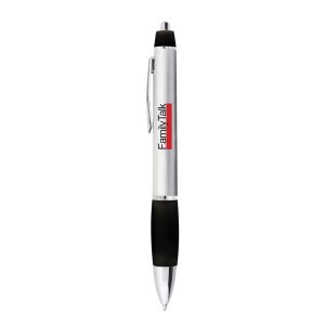 A silver metal pen with a black grip section and a logo on the barrel.