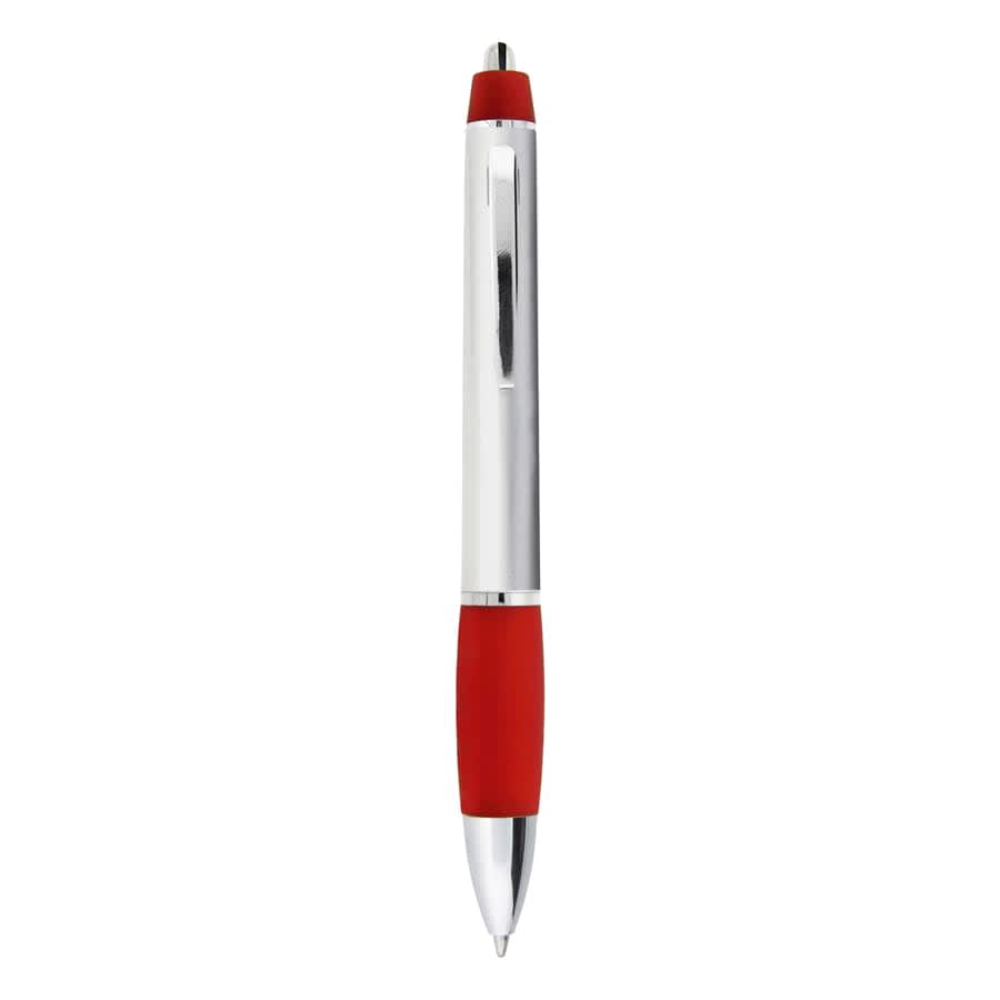 A metal pen featuring a red grip and silver body, with a clip and a stylus tip. It includes a branding logo.