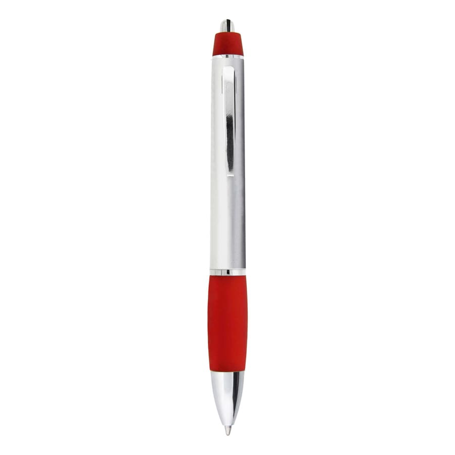 A metal pen with a shiny silver barrel and a red rubber grip. Includes a clip and has a logo.