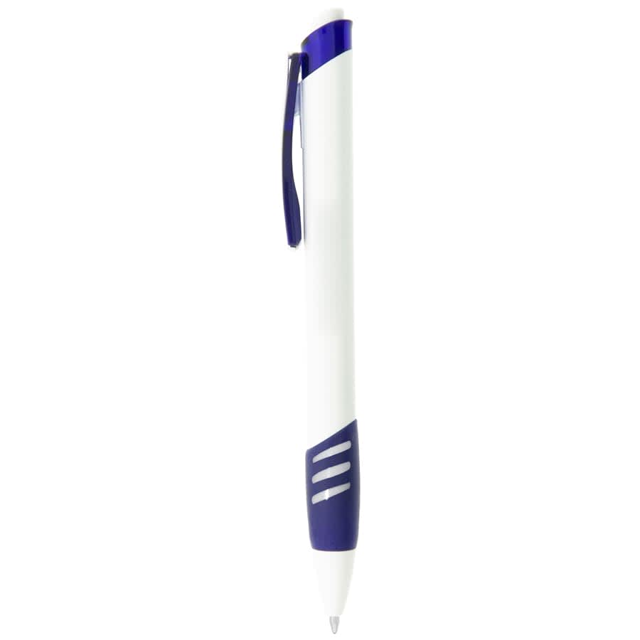 A plastic pen with a white barrel and blue accents, featuring a clip and stripes on the grip area.