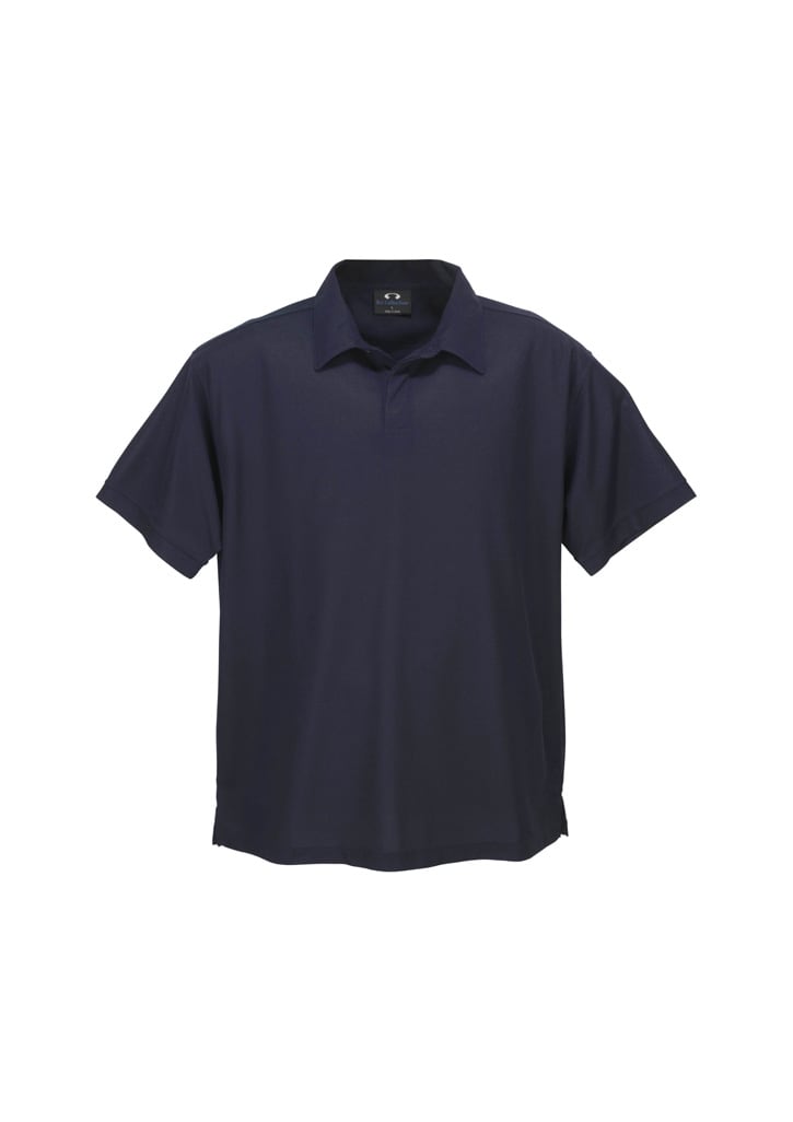 A navy blue short sleeve polo shirt with a collar and a logo, featuring a micro waffle texture.