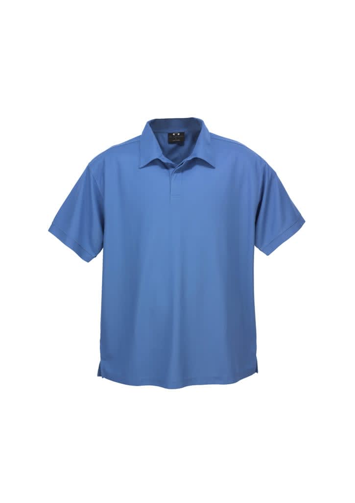 A blue short sleeve polo shirt featuring a collar and a logo. Suitable for casual wear.