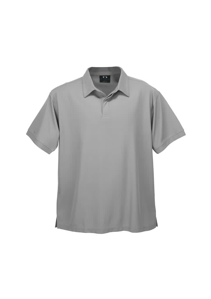 A light grey men's micro waffle short sleeve polo shirt with a collar and branding on the label.