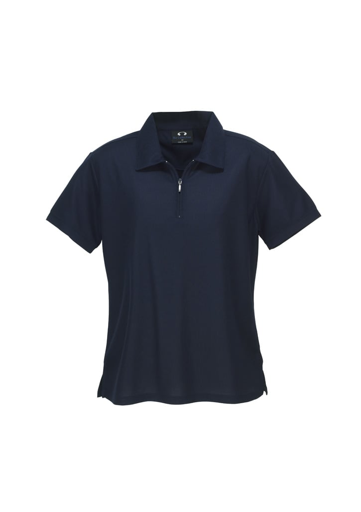 A navy women's micro waffle short sleeve polo shirt with a zippered collar and a brand logo.