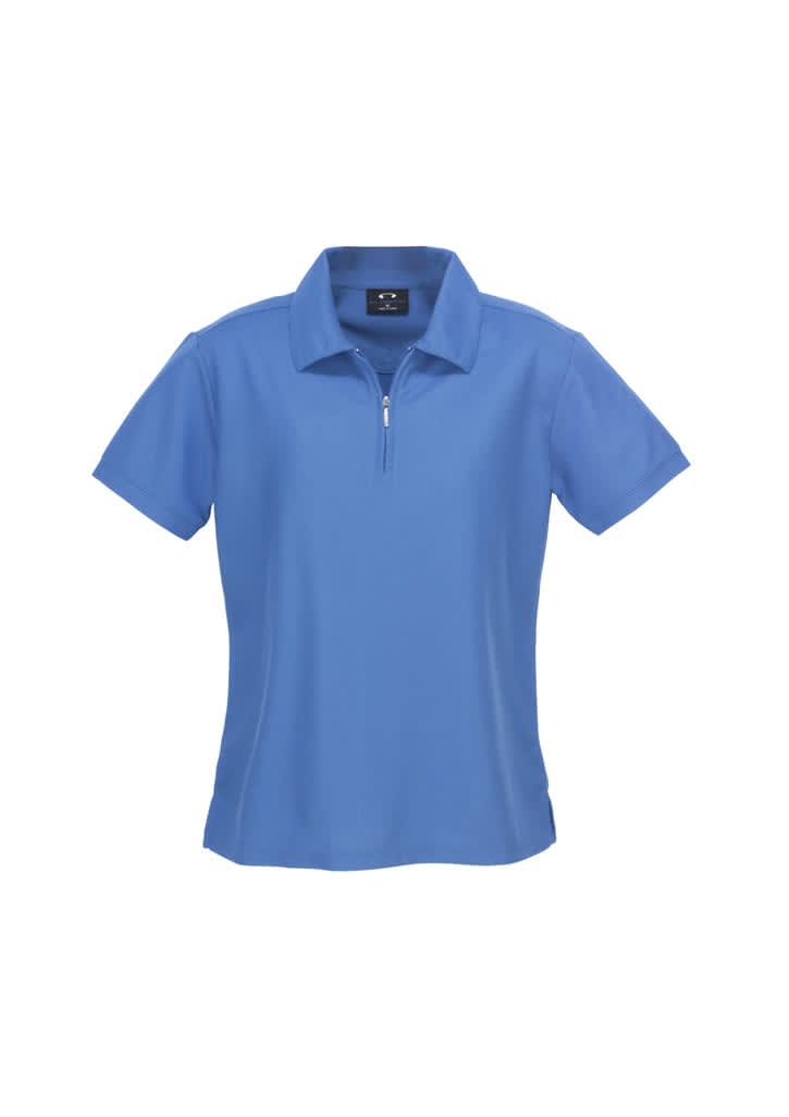 A blue women's micro waffle short sleeve polo shirt featuring a zip collar and a branding logo.