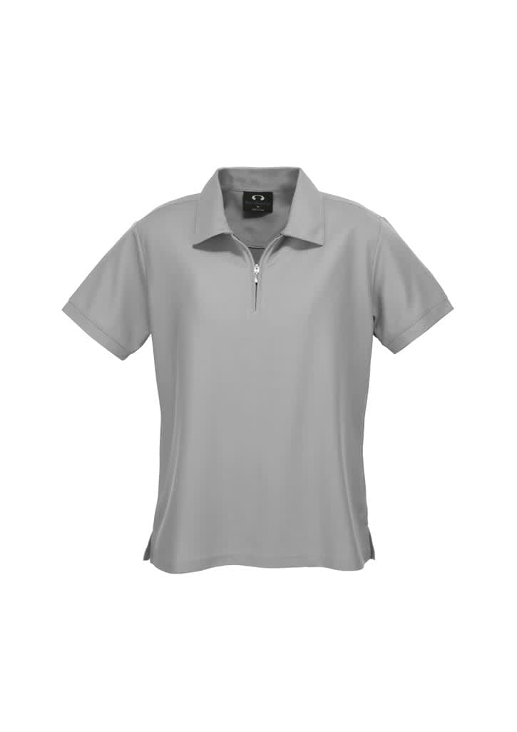 A grey women's micro waffle short sleeve polo shirt with a zip collar and a logo.