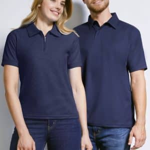 A women's short sleeve polo shirt in navy, featuring a classic collar and a logo. Styled alongside a men's polo shirt.