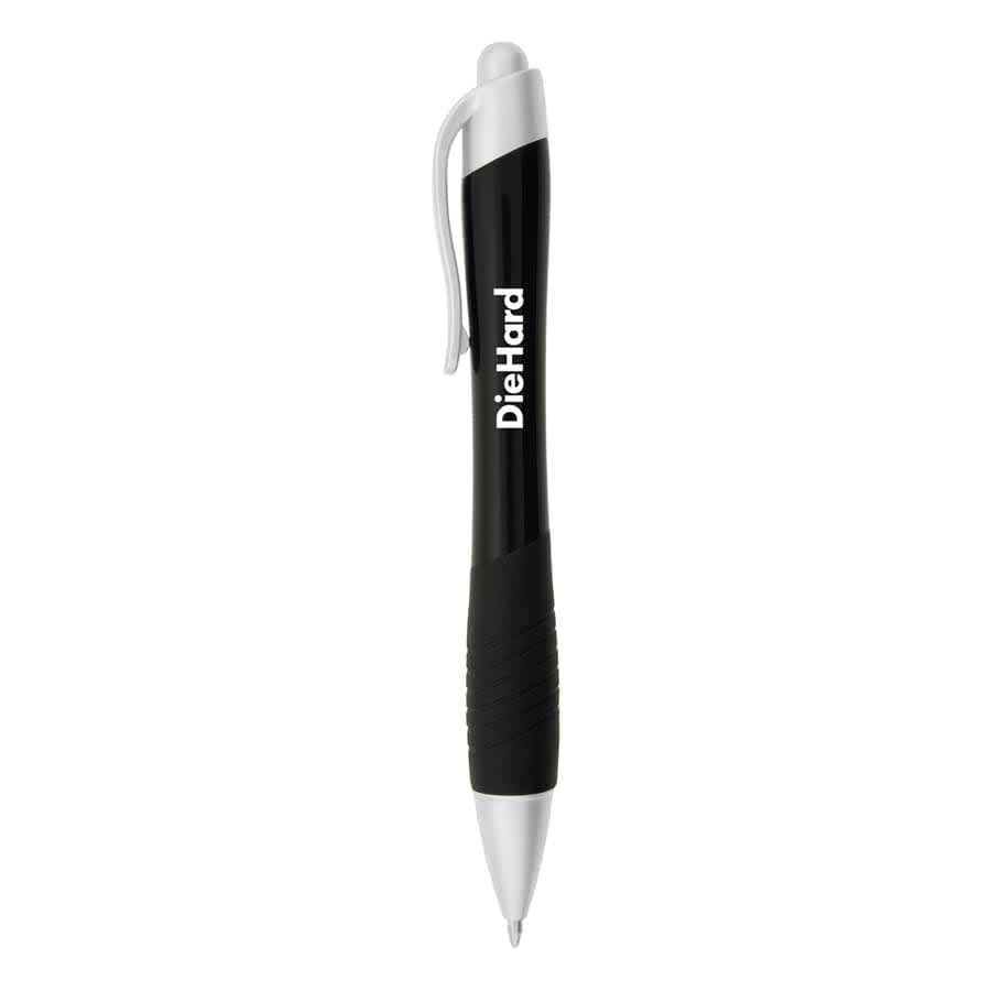 A metallic black pen with silver accents and a rubber grip, featuring a branding logo.