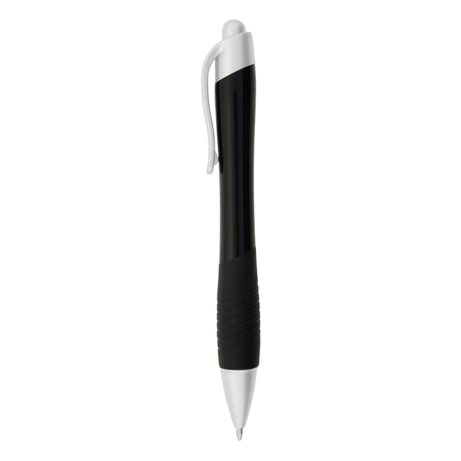 A black and silver metallic pen with a textured grip and a clip. It features a logo on the body.
