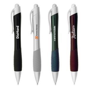 A range of Metallic Mykonos Pens in black, silver, green, and burgundy, each featuring a logo.