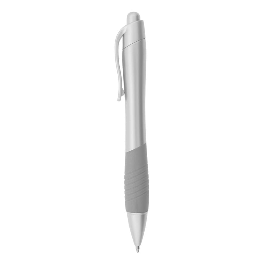 A metallic pen in silver and grey, featuring a textured grip and a clip for attachment.