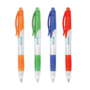 A set of four plastic pens in orange, green, blue, and a transparent design, featuring a logo.