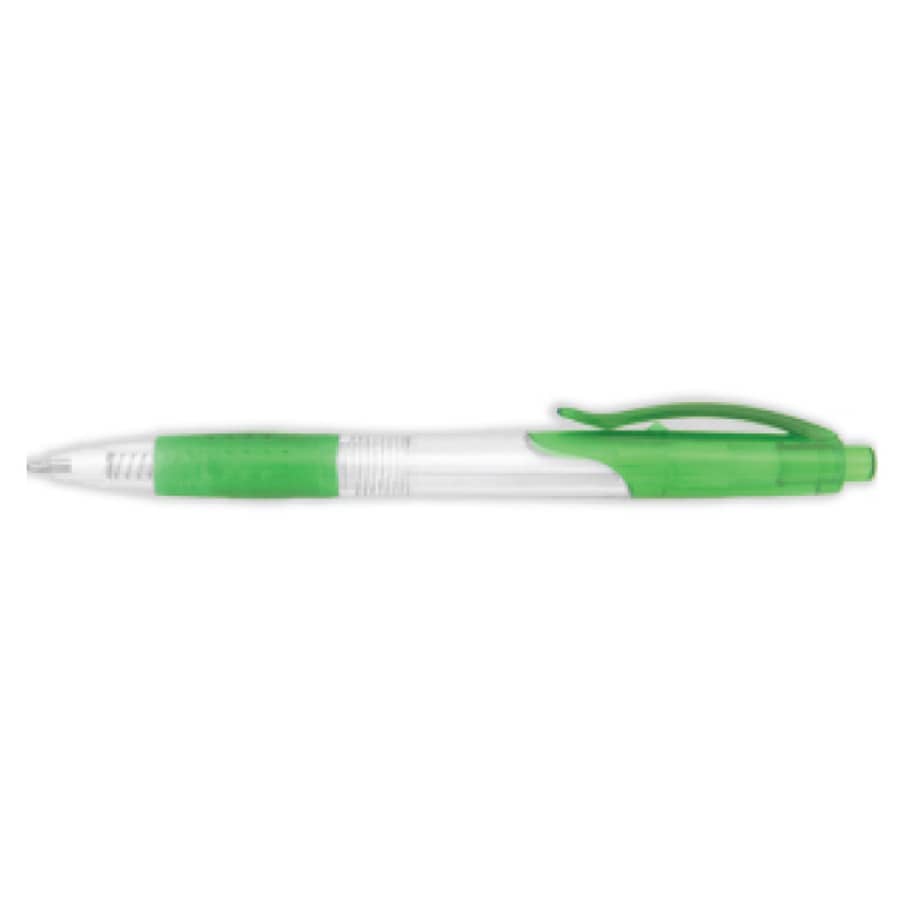 A plastic pen with a clear barrel and green accents, featuring a clip and grip area.