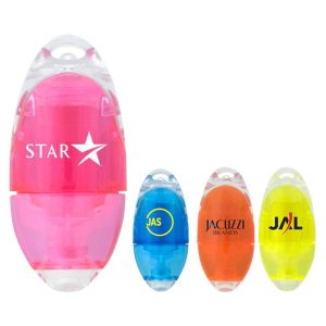 Four highlighters in various colours: pink, orange, yellow, and blue. Each has a logo and a rounded design.