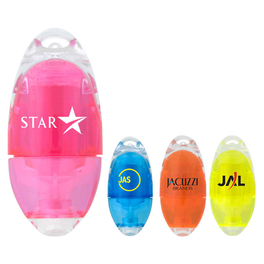 Four highlighters in various colours: pink, orange, yellow, and blue. Each has a logo and a rounded design.