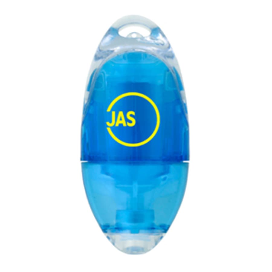 A blue highlighter with a transparent body and a logo. It features a unique, oval design.