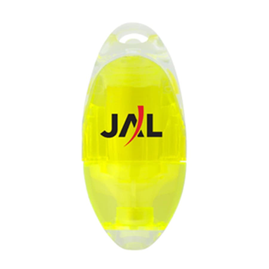 A highlighter in a transparent casing with yellow ink and a logo on the body.