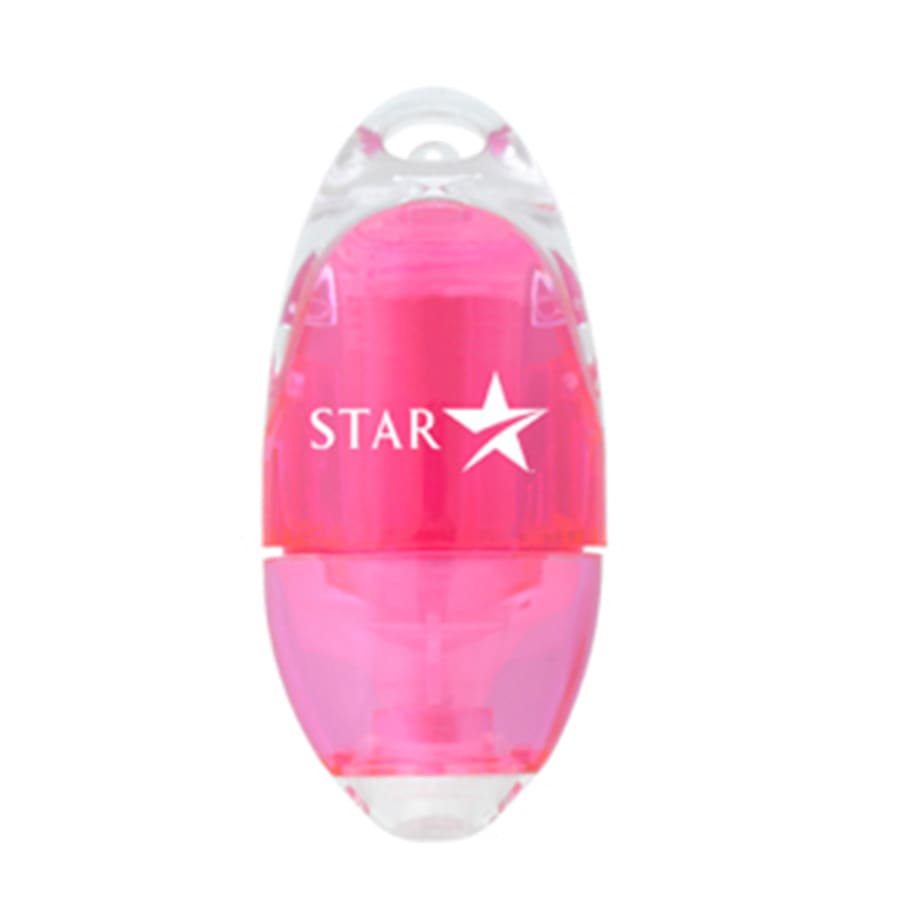 A highlighter in a transparent case, featuring a pink body and a branding logo.