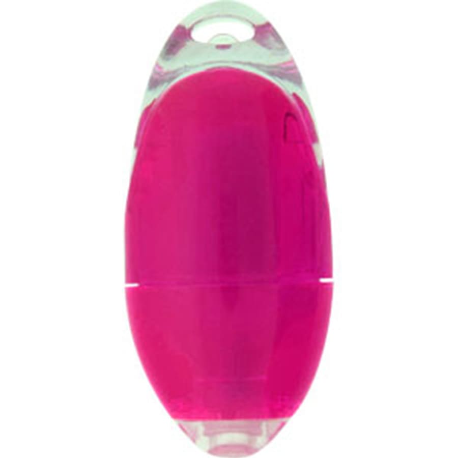 A pink highlighter with a transparent casing, featuring a logo on the surface.
