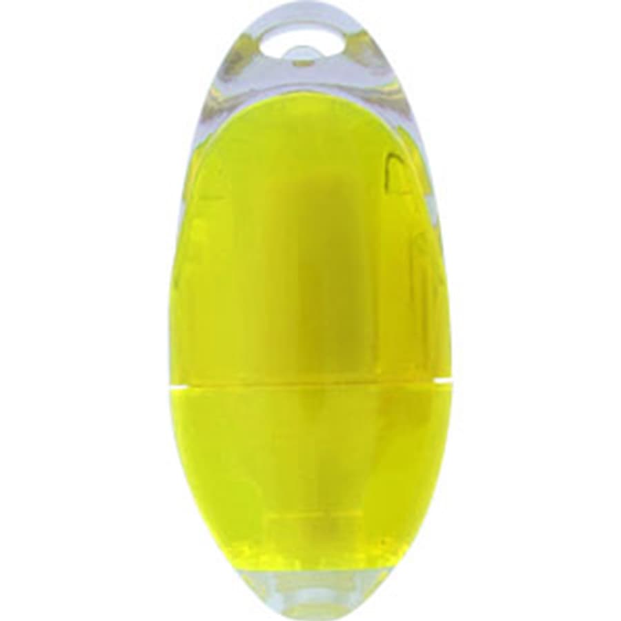 A yellow highlighter in an oval-shaped plastic casing with a clear top and a branding logo.