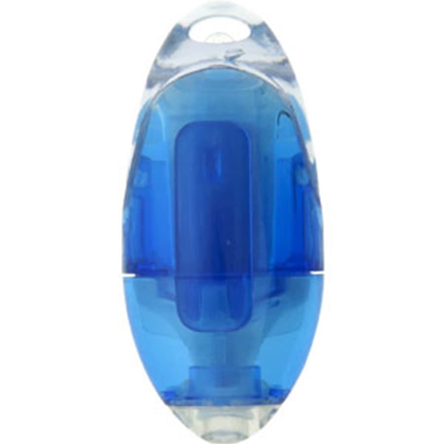 A blue highlighter with a transparent casing and a rounded shape, featuring a logo on the surface.