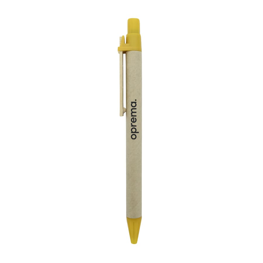 A yellow and cream pen with a clip and a logo on the body, designed for writing.