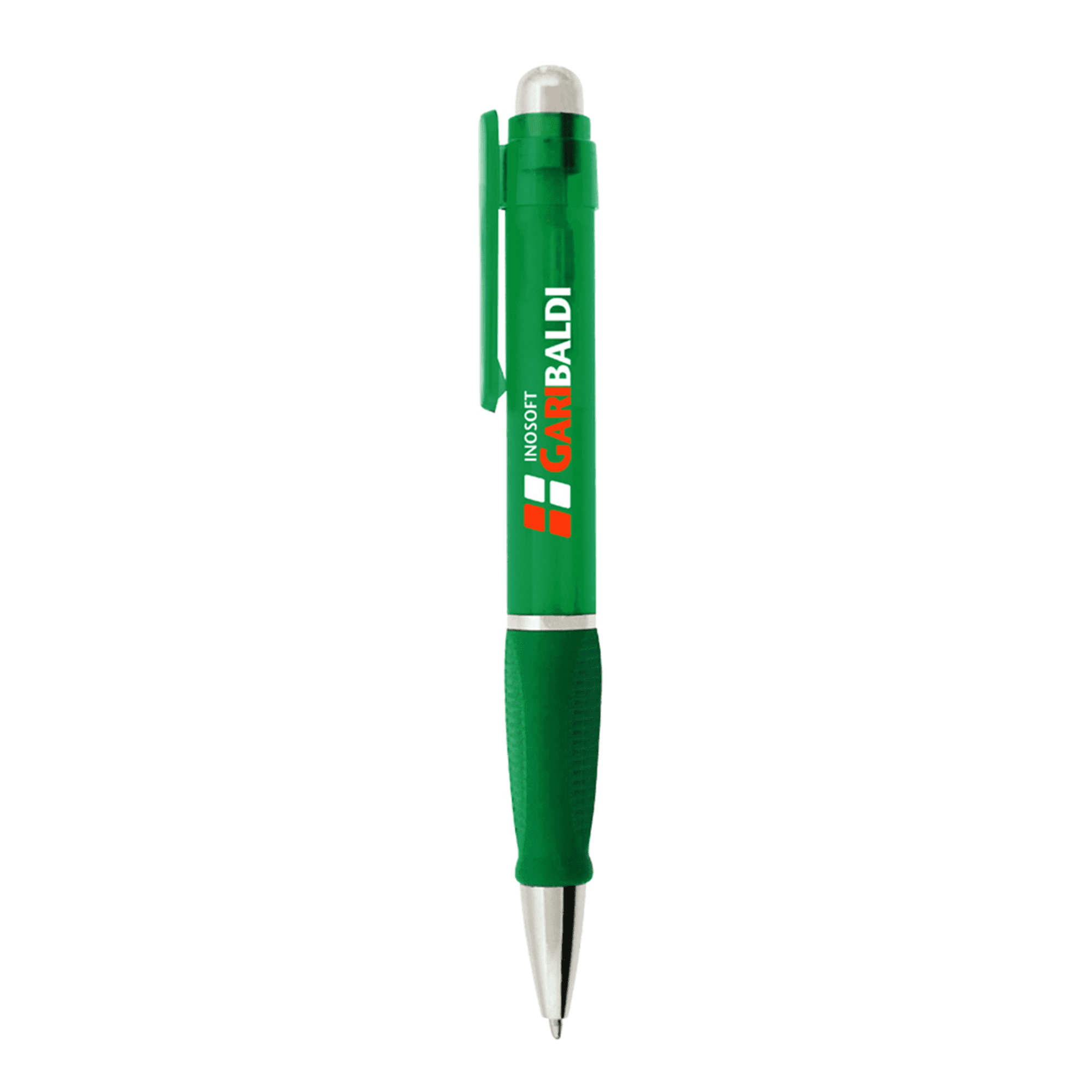 A green plastic pen with a clip and rubber grip, featuring a logo on its body.