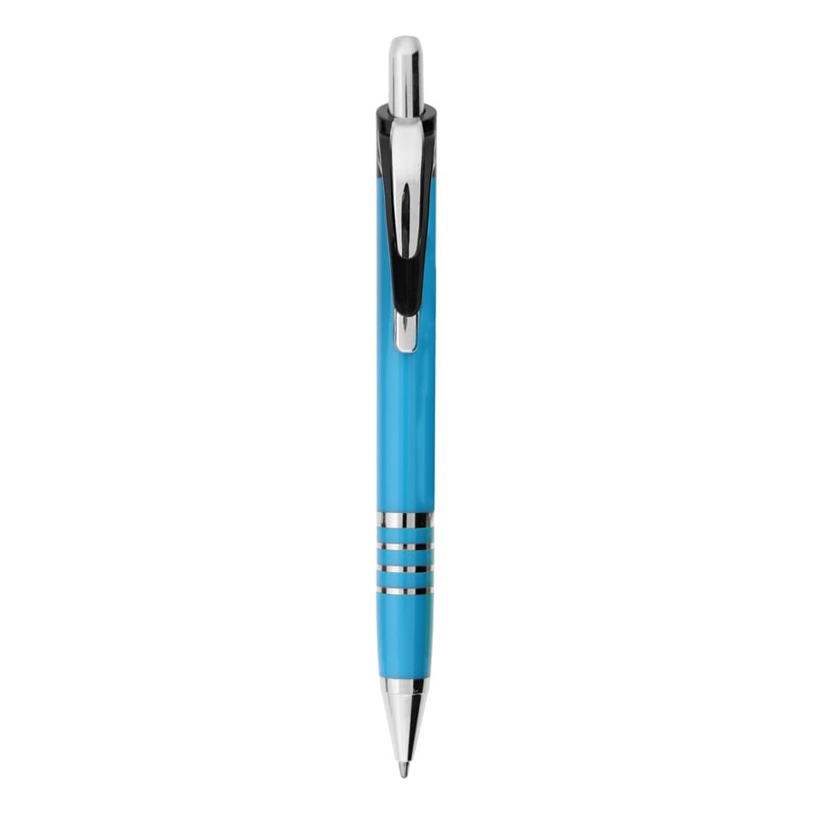 A metal pen in a vibrant blue colour with a shiny chrome clip and accents. It features a logo on the body.