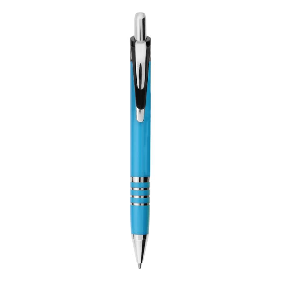 A blue metal pen with silver accents and a clip, featuring a sleek, modern design.