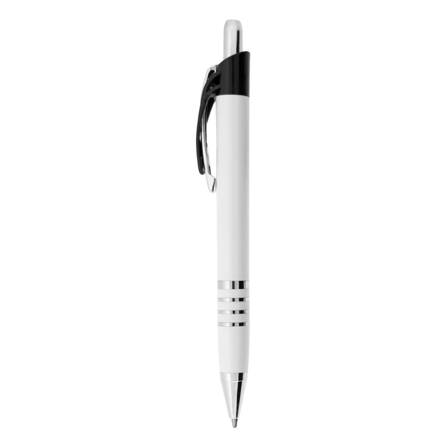 A metal pen featuring a white barrel and chrome accents, with a black clip and decorative silver rings.