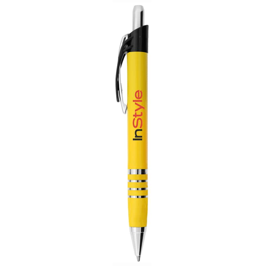 A yellow metal pen with a silver tip and a black clip, featuring a logo on its body.