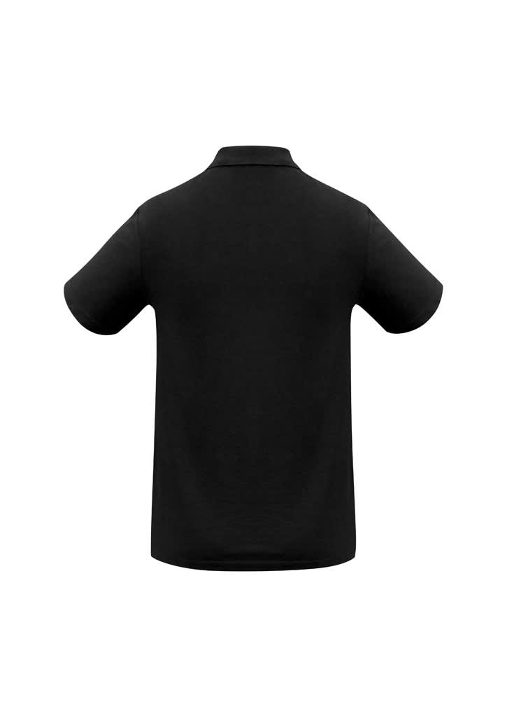 A black men's polo shirt featuring a collar and short sleeves, with a logo present on the garment.