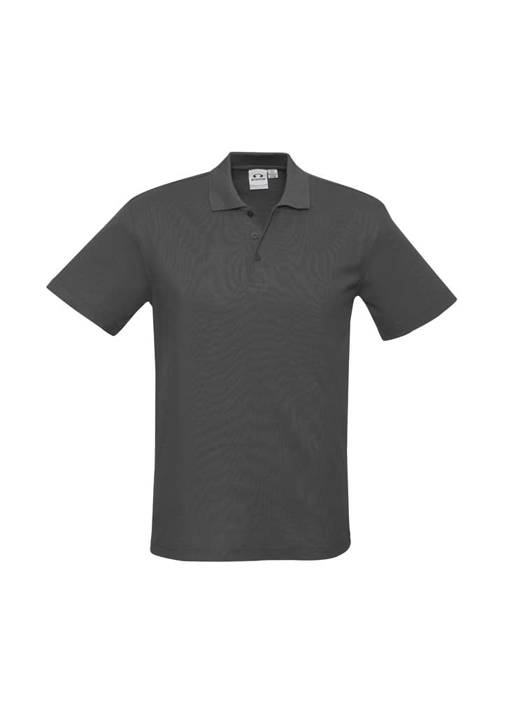 A grey Crew Men's Polo shirt with a classic collar and short sleeves, featuring a logo.