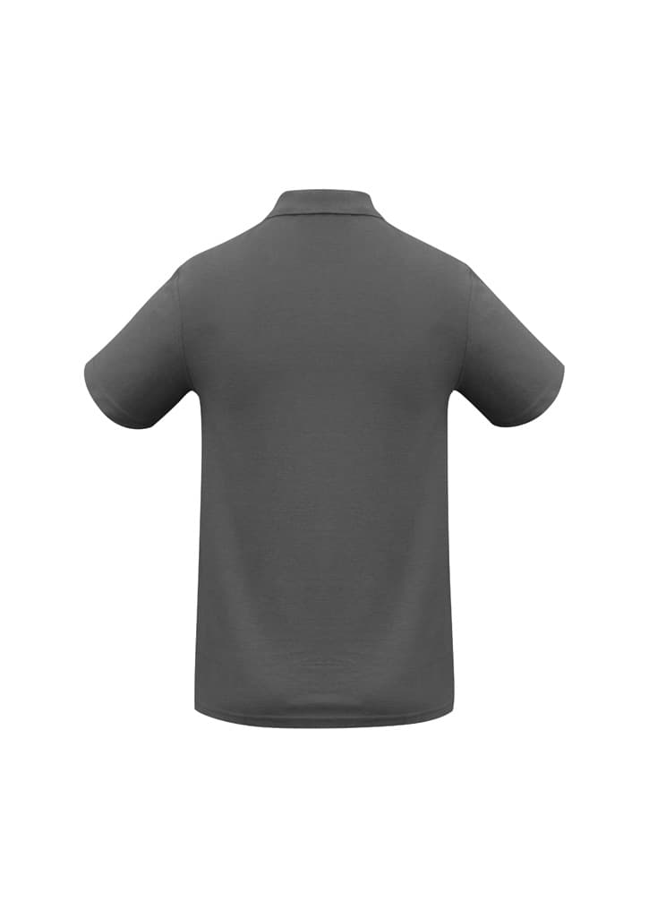 A grey polo shirt with a classic collar and short sleeves, featuring a logo on the front.