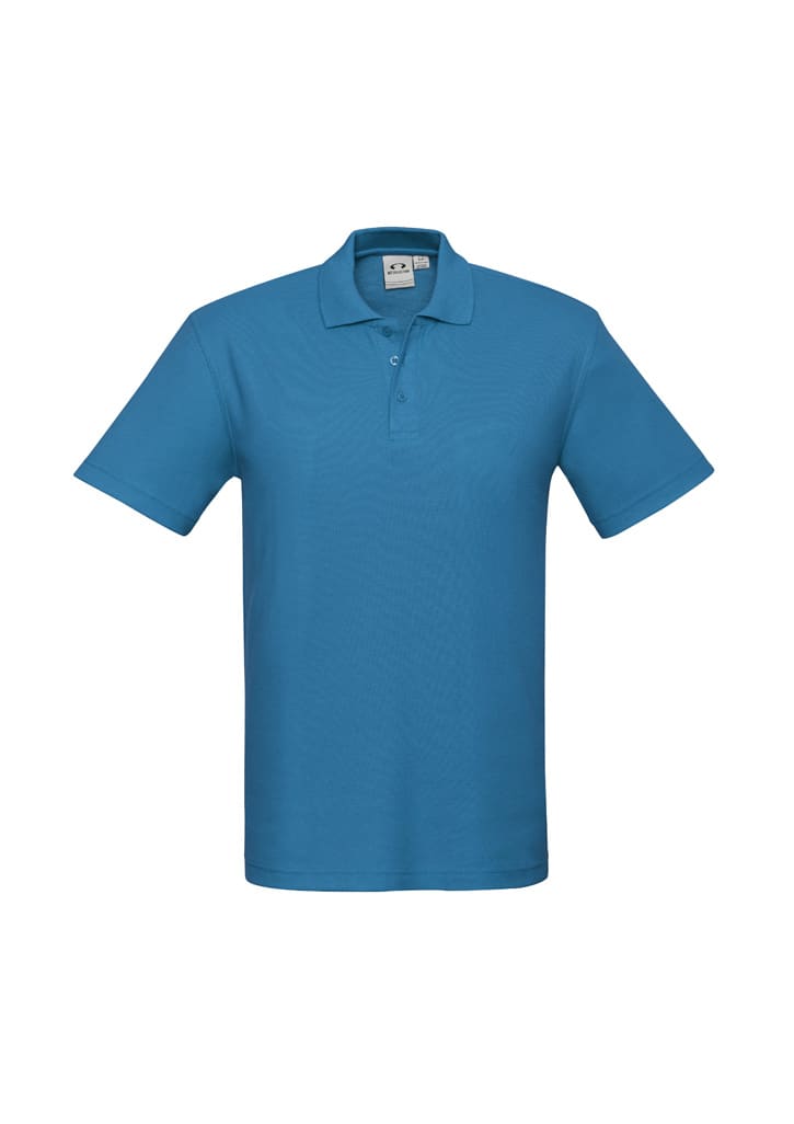 A turquoise polo shirt featuring a classic collar and short sleeves, with a logo on the upper chest.