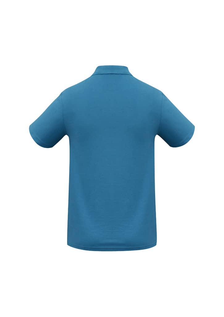 A turquoise crew men's polo shirt with a classic collar and short sleeves, featuring a logo.