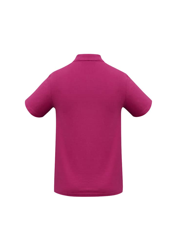 A magenta men's polo shirt with a collar and short sleeves, featuring a logo on the side.