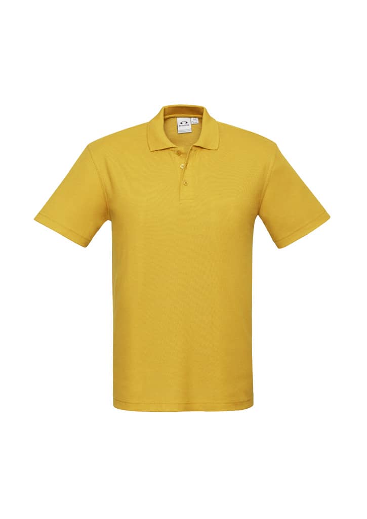 A yellow men's polo shirt featuring a collar and short sleeves, with a branding logo.