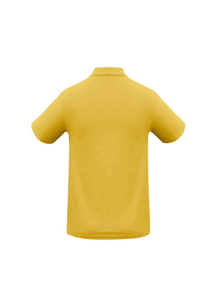 A yellow polo shirt with a classic collar and short sleeves, featuring a logo on the back.