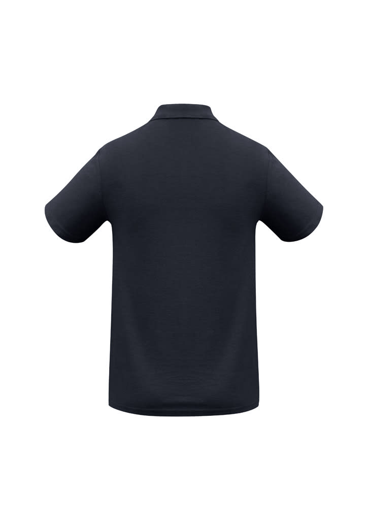 A navy blue men's polo shirt featuring a classic design and a logo on the back.