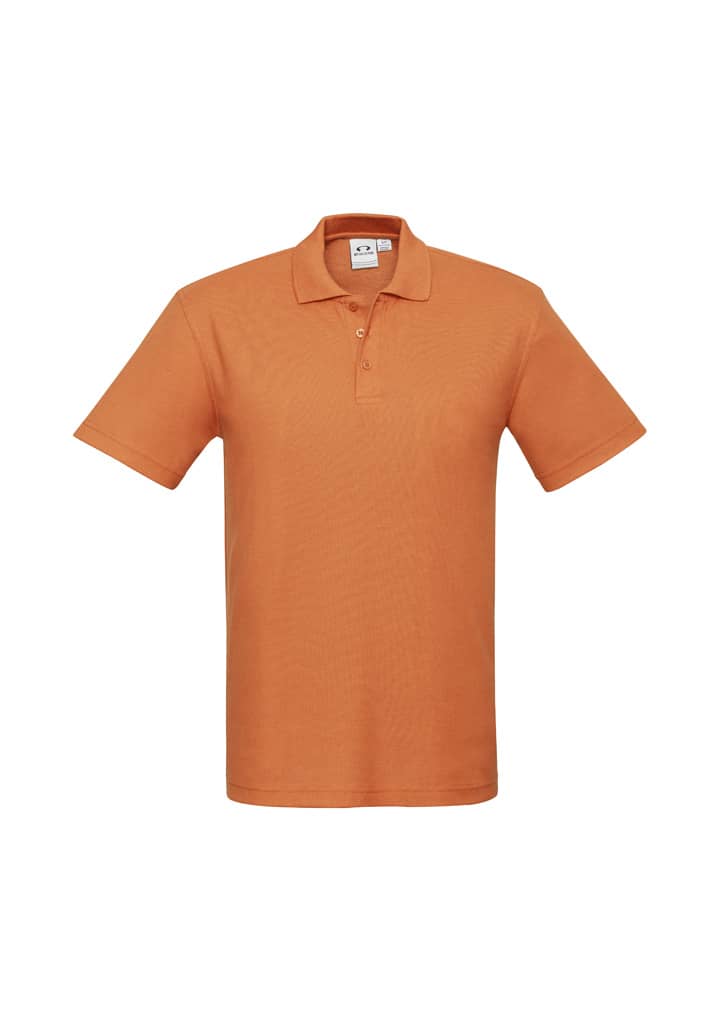 An orange men's polo shirt featuring a collar and three buttons, with a logo on the chest.
