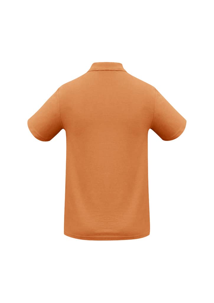 A back view of a short-sleeved, orange polo shirt with a collar and a logo.