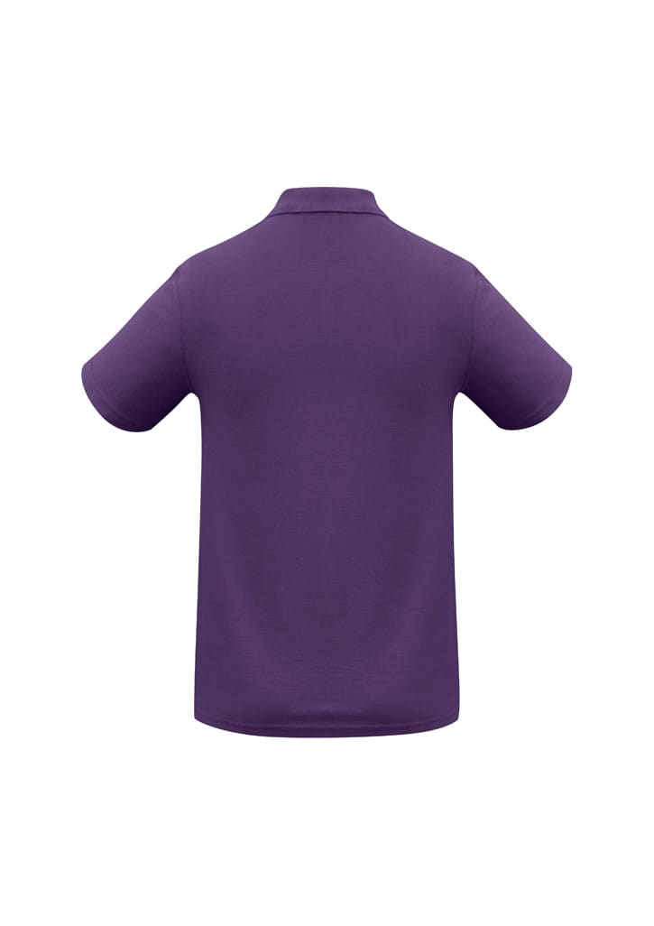 A purple crew men's polo shirt with short sleeves and a collar, featuring a logo.