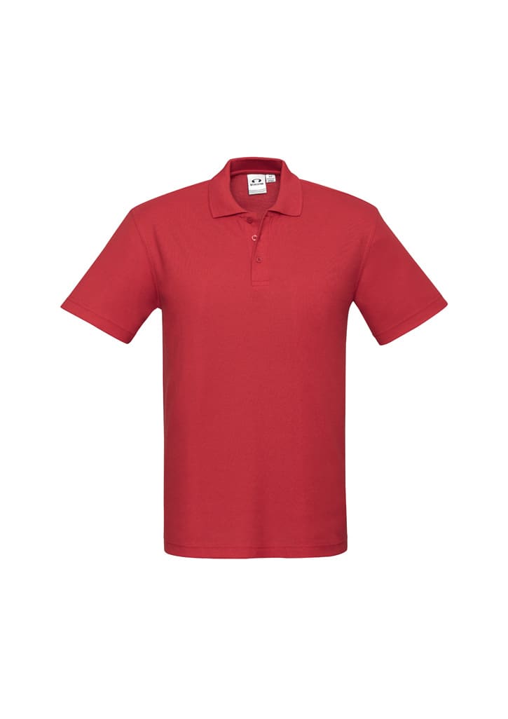 A red short sleeve polo shirt featuring a collar and a logo on the chest.