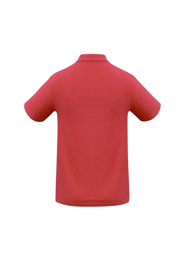 A red polo shirt with a collar and short sleeves. The back features a logo.