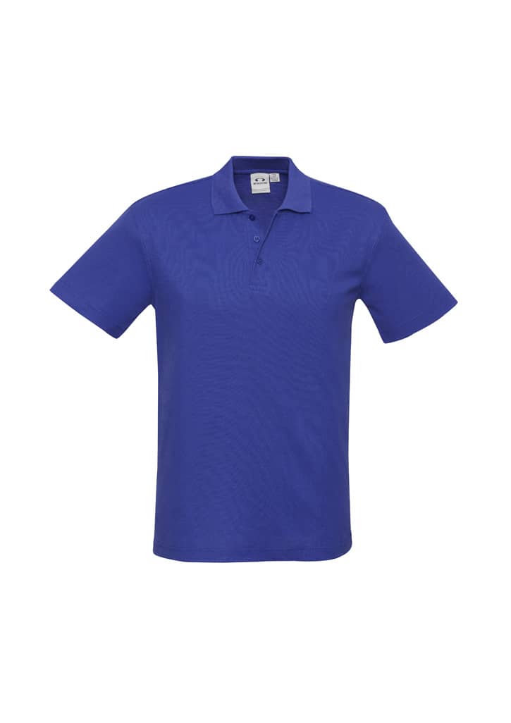 A blue Crew Mens Polo shirt featuring a classic collar and short sleeves, with a logo on the label.