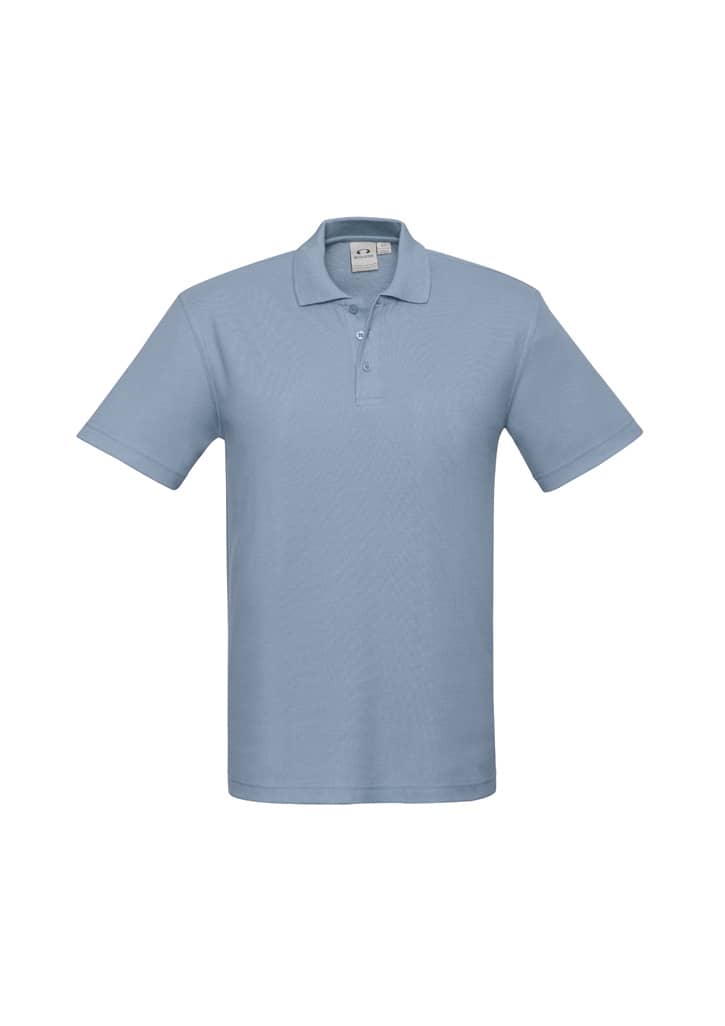 A light blue men's polo shirt with a collar, short sleeves, and a brand logo on the chest area.