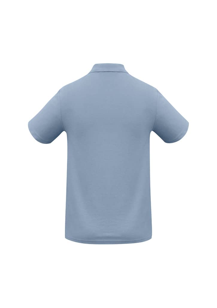 A light blue polo shirt with a collar, featuring short sleeves and a logo on the back.