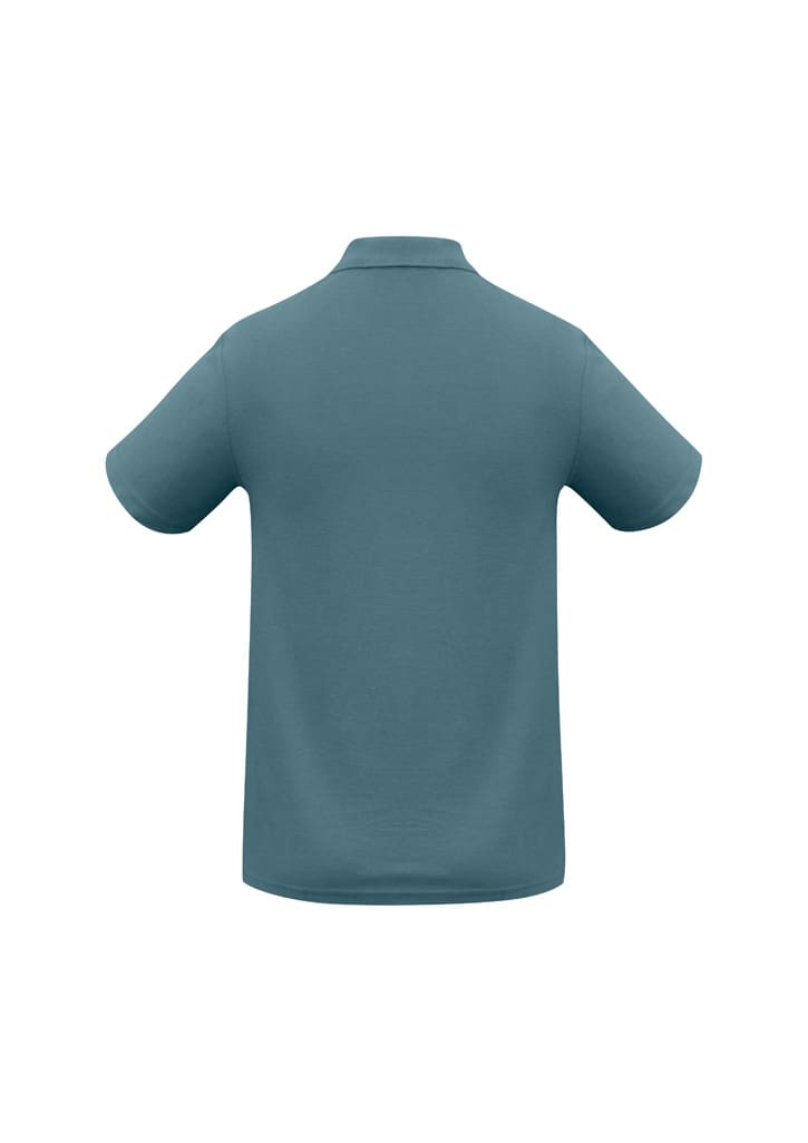 A teal men's polo shirt with short sleeves and a classic collar, featuring a branding logo.