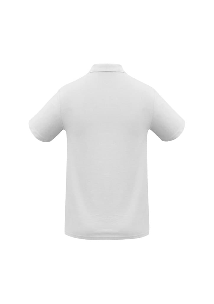 A white polo shirt featuring a collar and short sleeves, with a logo on the back.